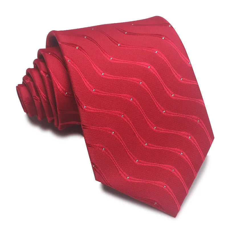 8CM wide polyester jacquard striped business tie in arrow style showing red, black, and blue colour options