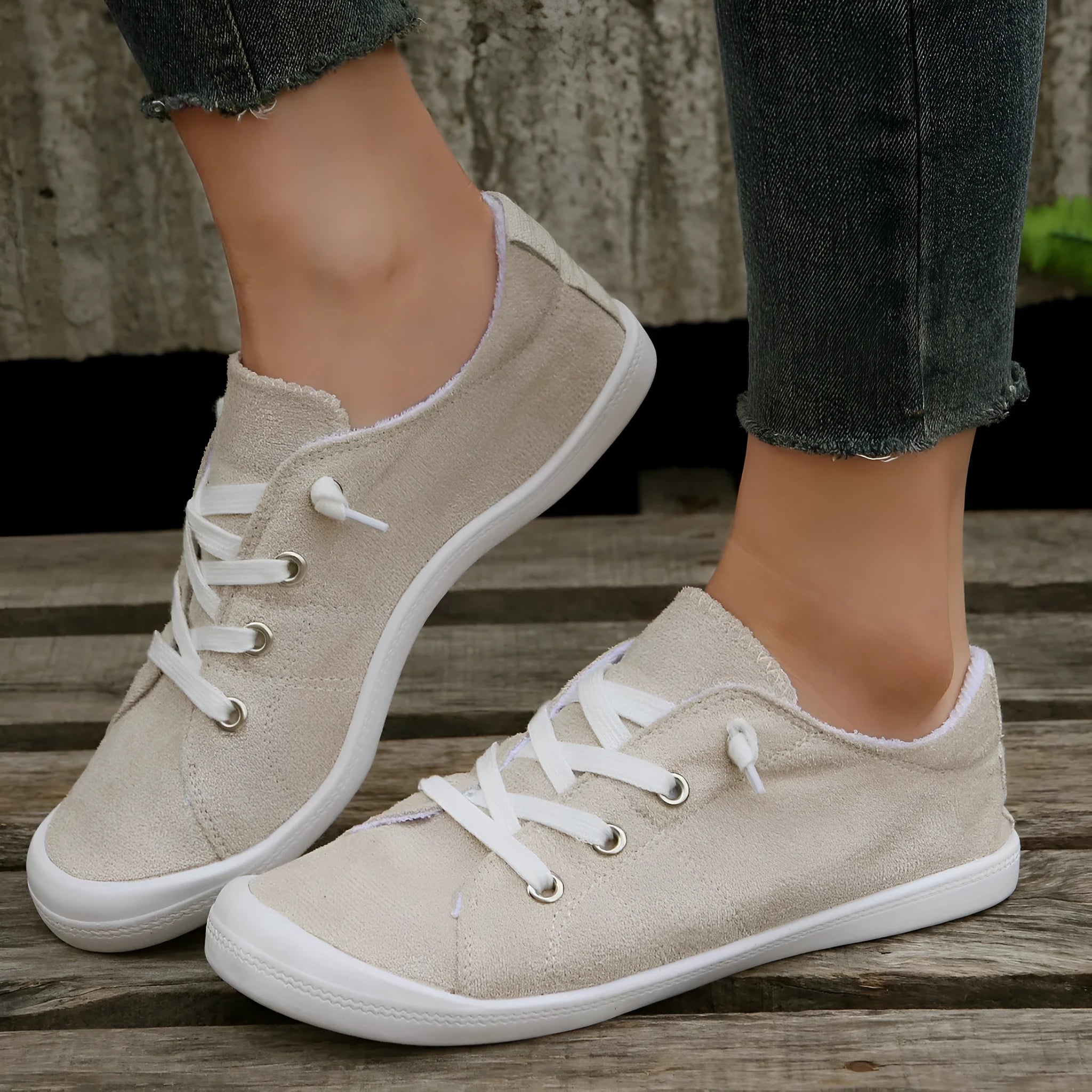 Women's creamy-white casual sneakers with fabric upper and rubber sole