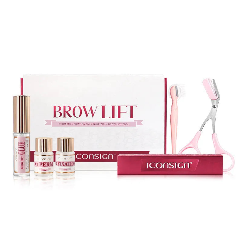 Pink eyebrow quick ironing tool and suit from an eyebrow perm and keratosis treatment kit.