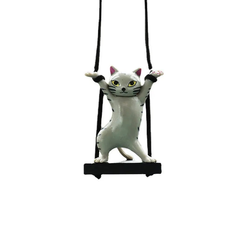 Cartoon resin cat pendant for car interior on a 25 cm adjustable rope, in black, white, flower, grey, or brown colour.