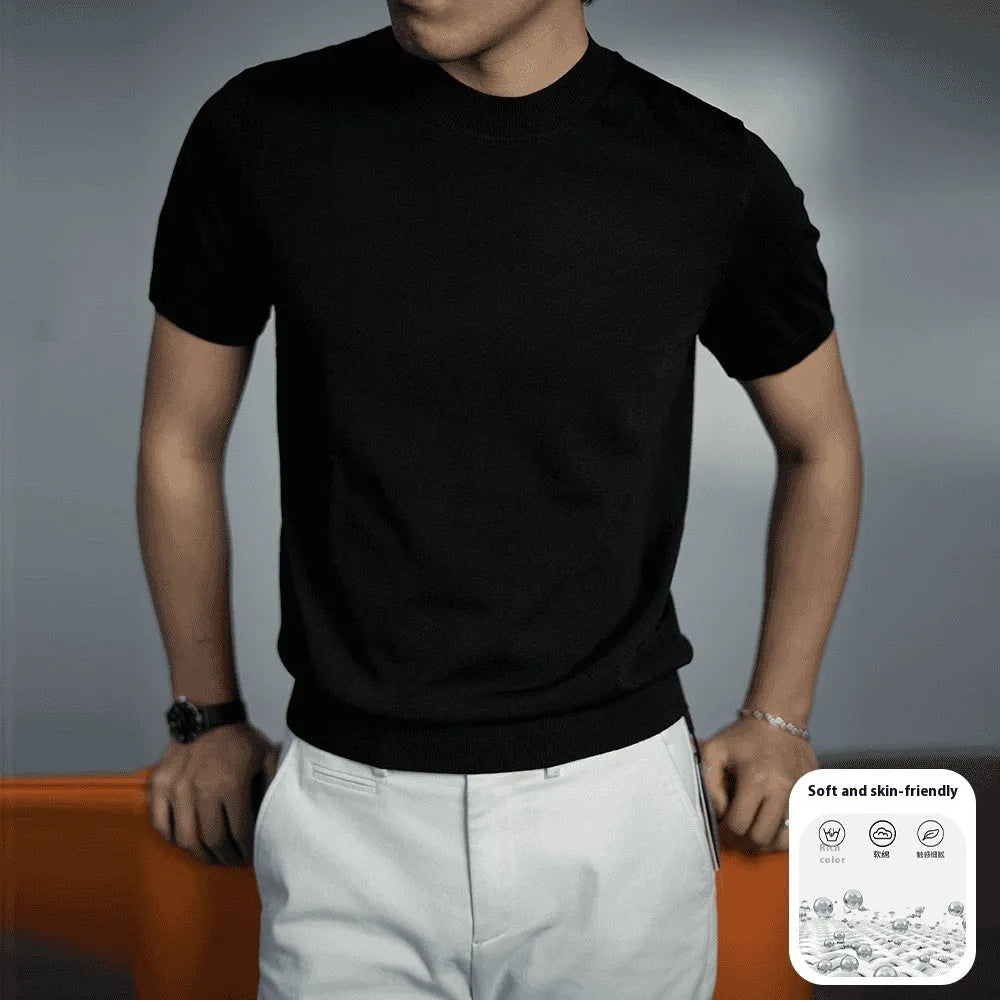 Men's knitted T-shirt with round neck and short sleeves in chemical fibre blend fabric