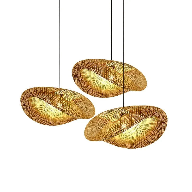 Bamboo straw hat-shaped hanging pendant lamp with woven construction in three diameter sizes