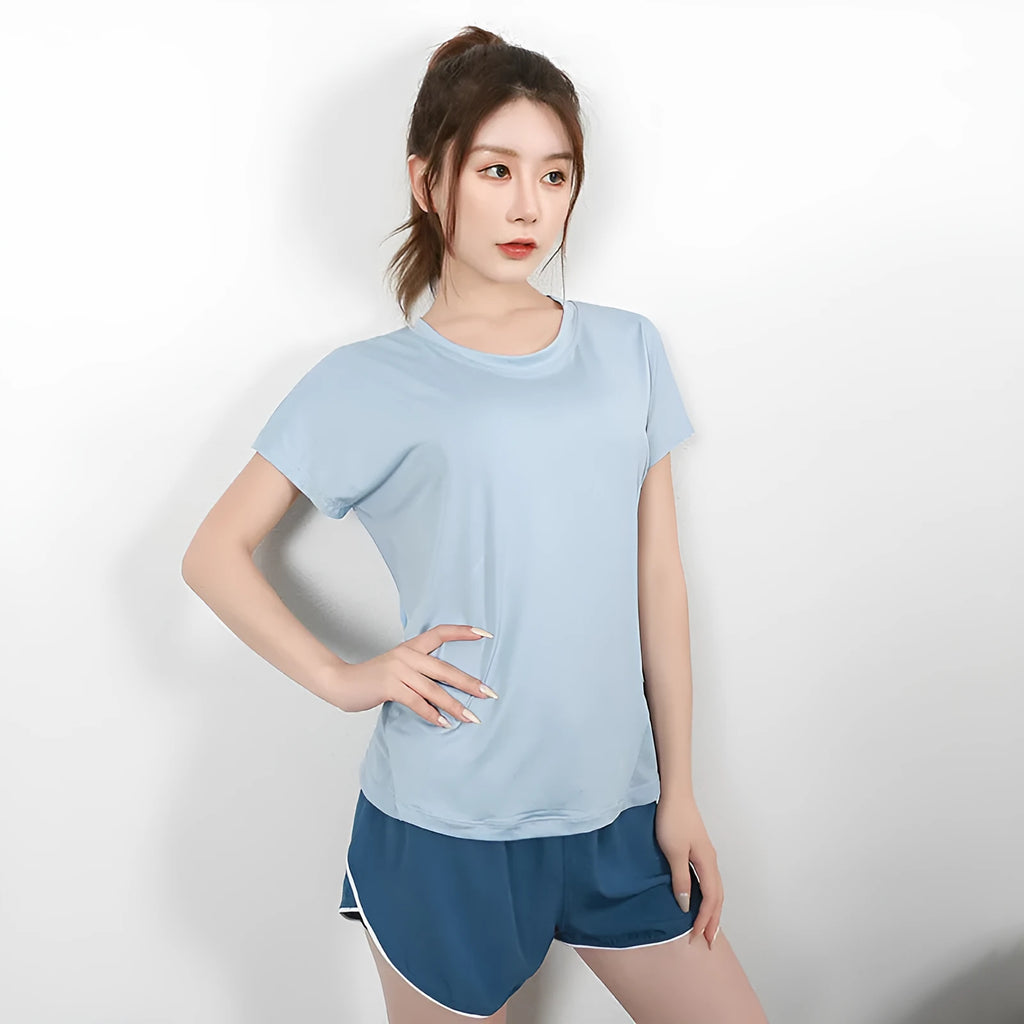 Women's lightweight polyester short sleeve sports T-shirt for fitness in grey green.