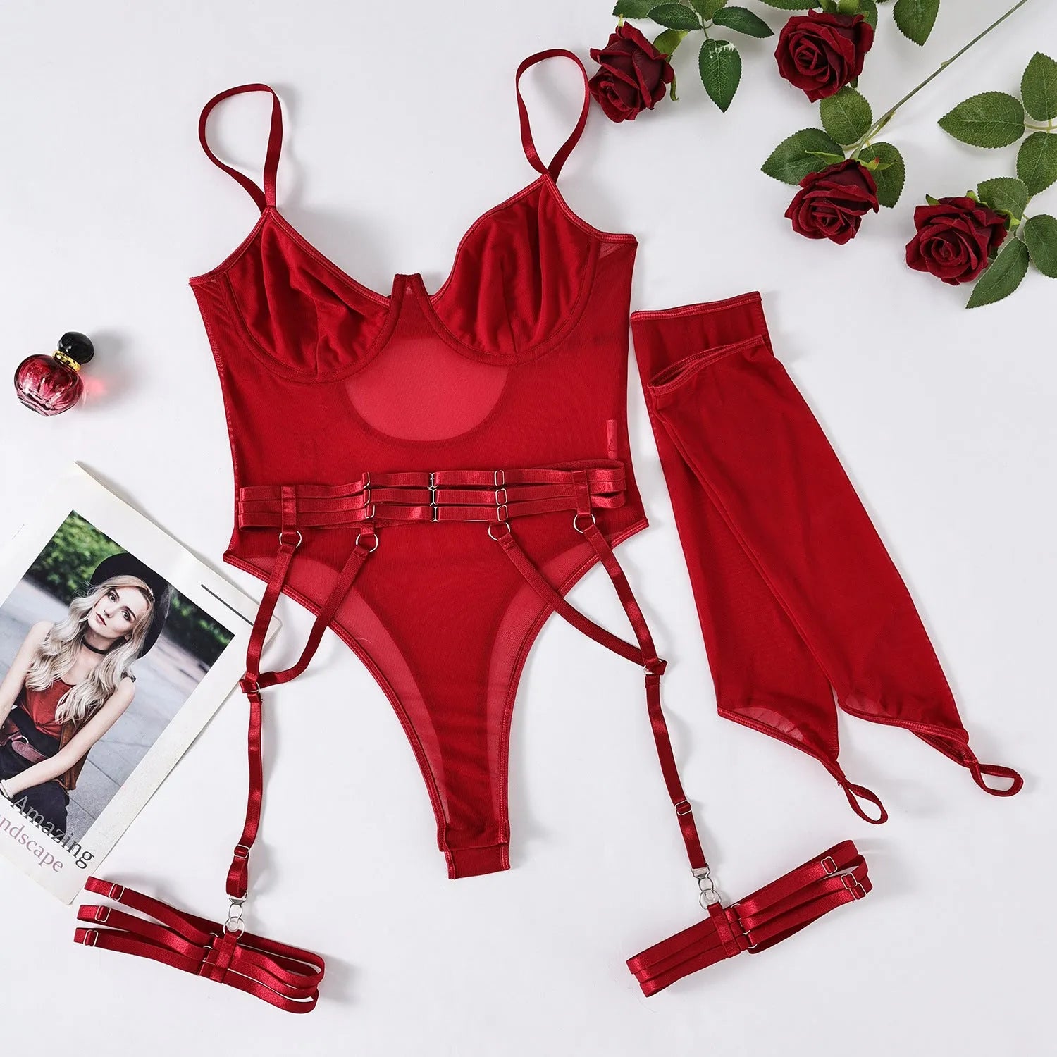 Women's see-through mesh jumpsuit in red, available in sizes S M L for dance and performance wear.