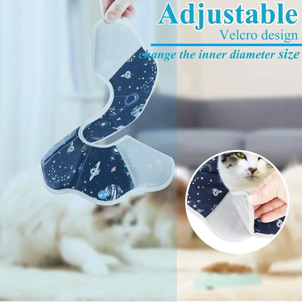 Soft adjustable cat recovery cone collar in constellation pattern on a small cat