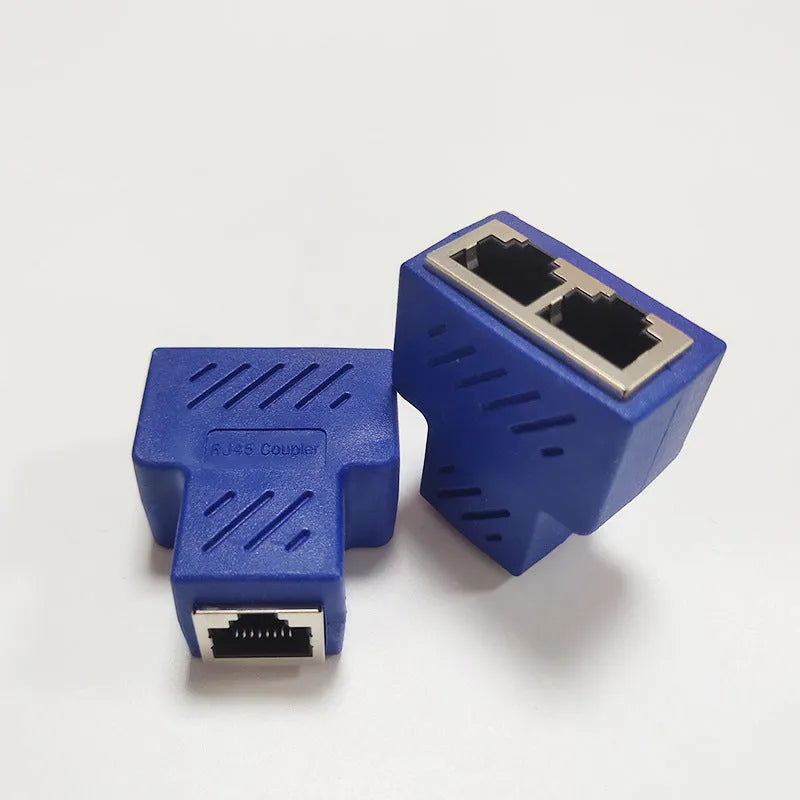 RJ45 network cable splitter adapter in five colour options showing one input and two output ports