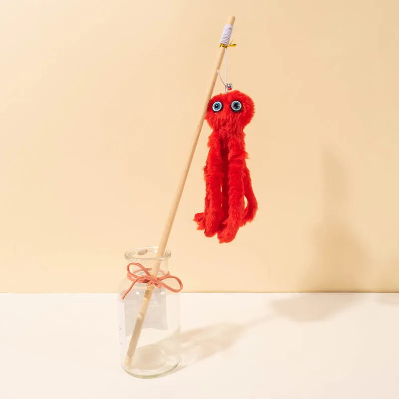 Brightly coloured furry octopus cat toy attached to a long stick for interactive indoor play