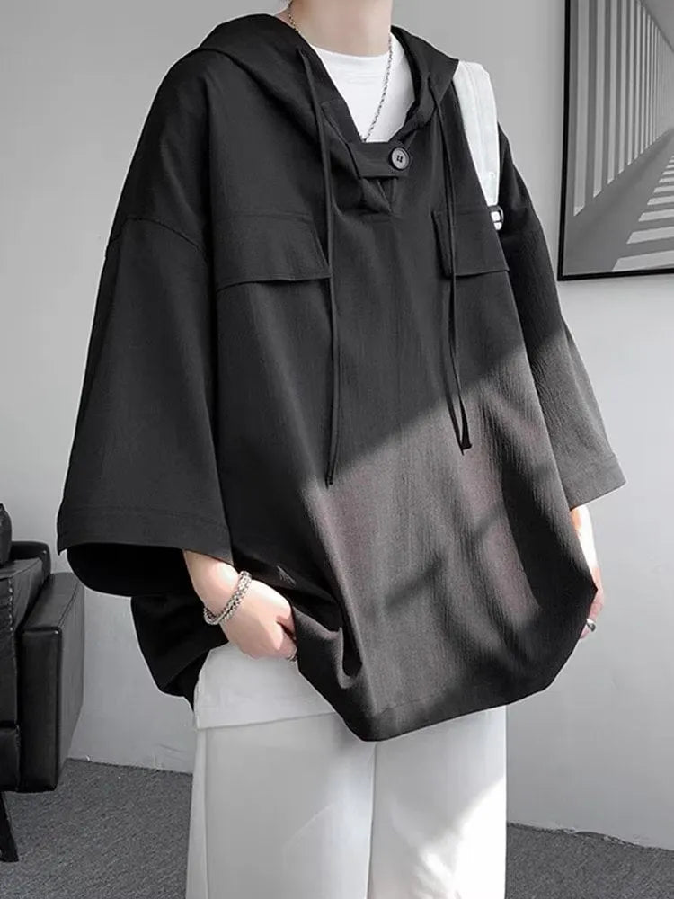 Men's hooded short-sleeve summer t-shirt in polyester loose fit