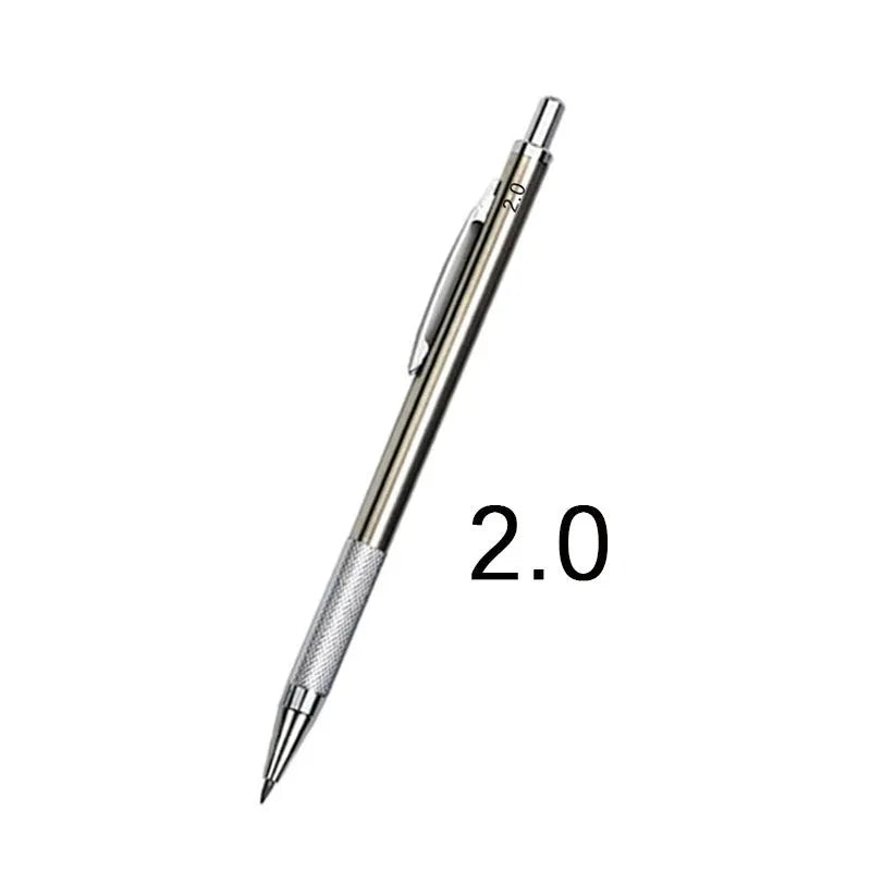 Metal automatic mechanical pencil showing barrel detail and lead size options from 0.5mm to 2.0mm