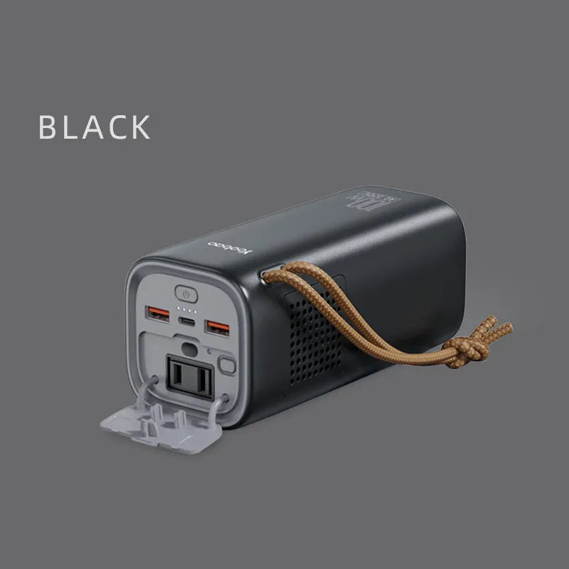 Black portable power bank with solar panel and multiple charging ports for outdoor emergency use