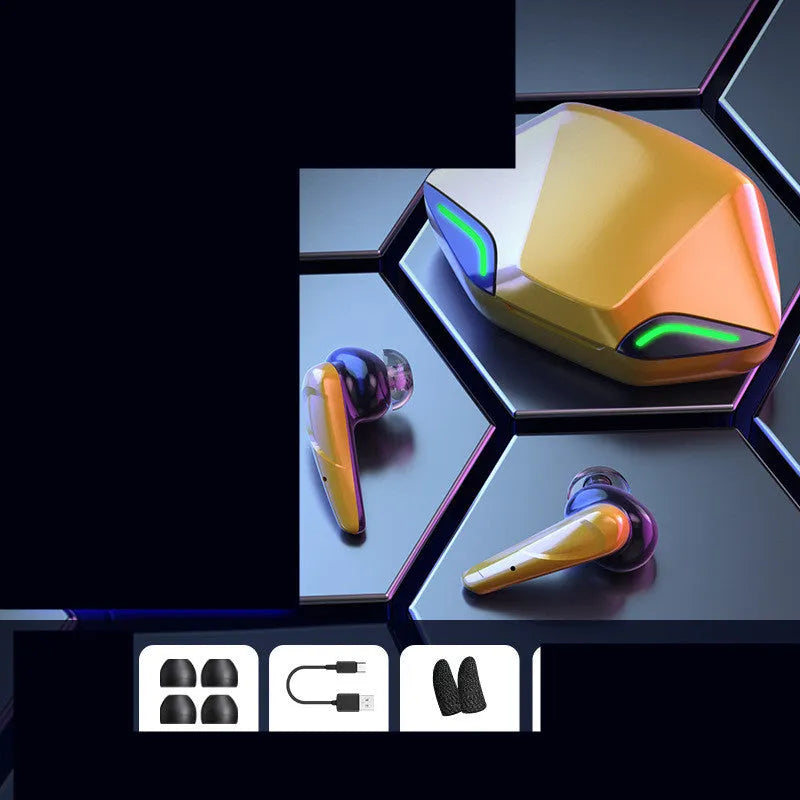 Wireless Bluetooth gaming earbuds with a portable charging case, shown in multiple colour options.