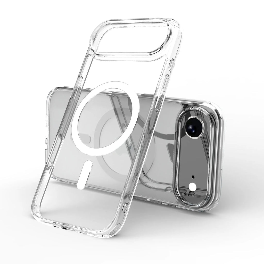 Transparent magnetic phone case for iPhone 17 series showing clear TPU construction and integrated magnets.