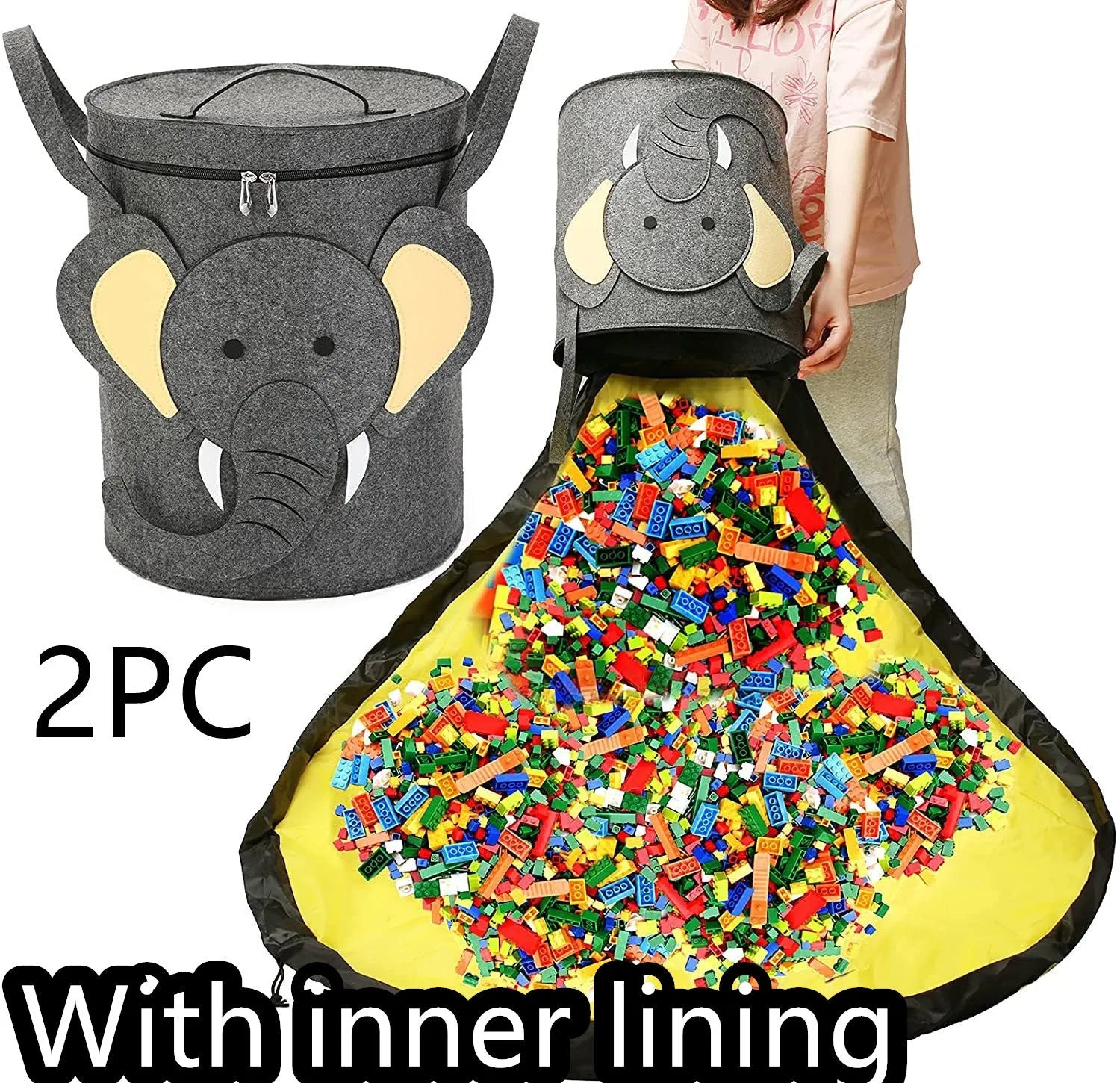 Green cube-shaped felt storage bag with pull rope lying flat as a play mat.