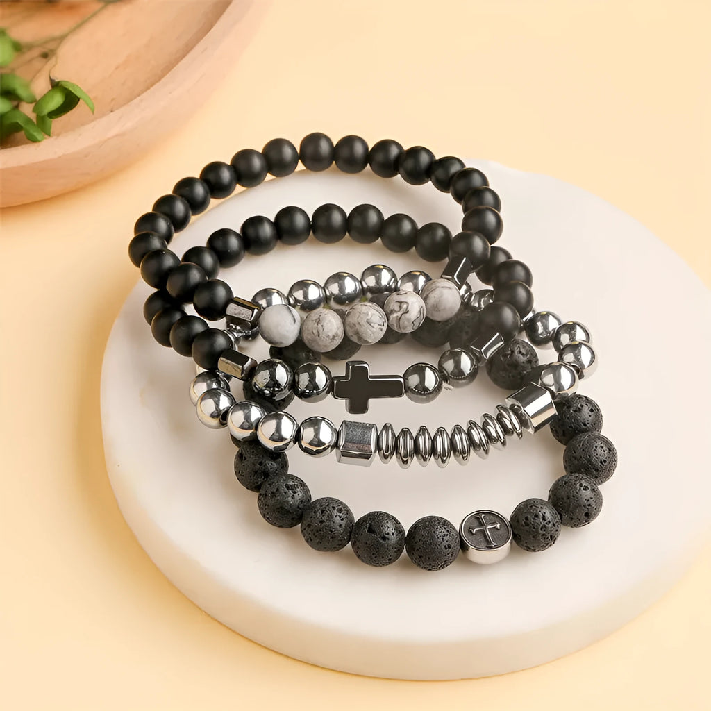 Volcanic rock agate bracelet in stainless steel with geometric design and 10mm stones