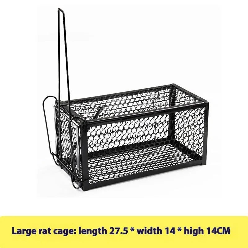 Automatic metal and plastic mouse cage trap shown in small, medium, and large sizes for indoor rodent control.