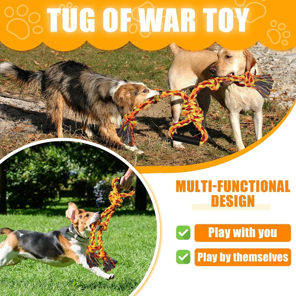 Blue and yellow woven cotton rope dog tug toy with a handle, shown next to a large dog.