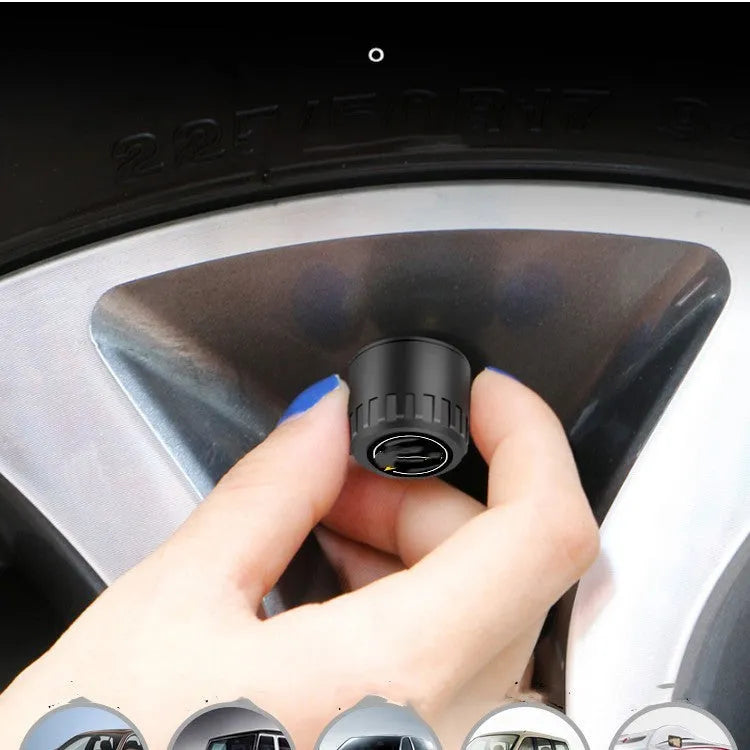 Bluetooth 5.0 tyre pressure monitoring system with four black external sensors, a wrench, and anti-theft screws.