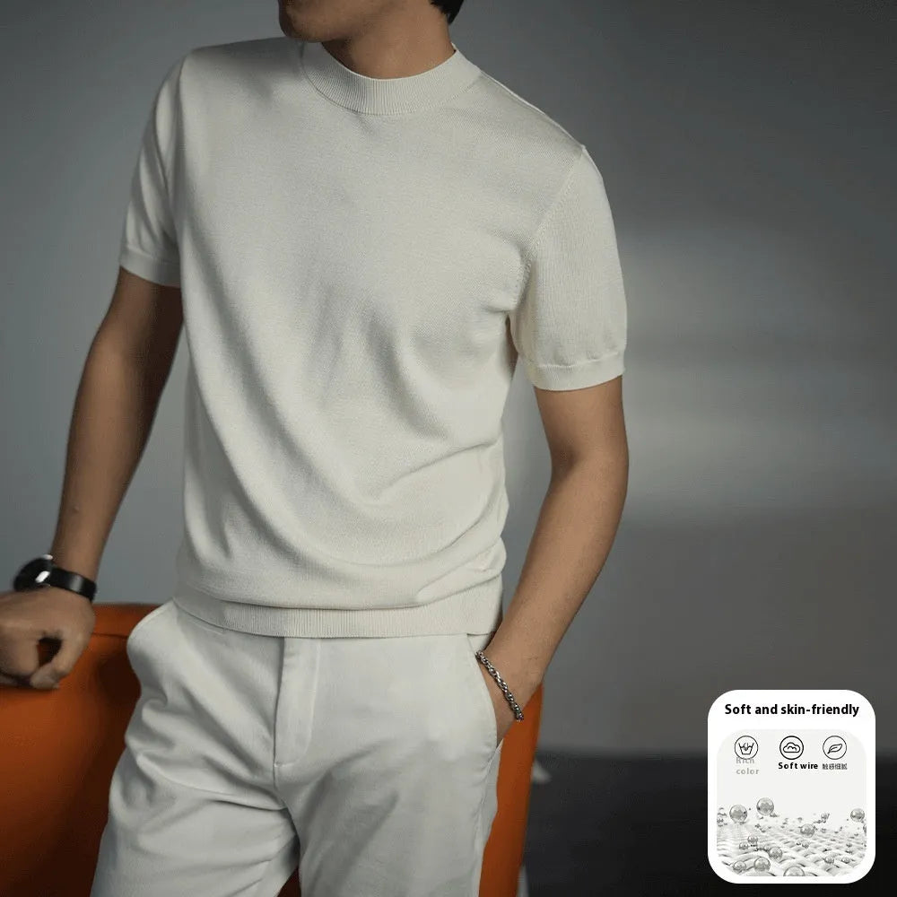 Men's knitted T-shirt with round neck and short sleeves in chemical fibre blend fabric