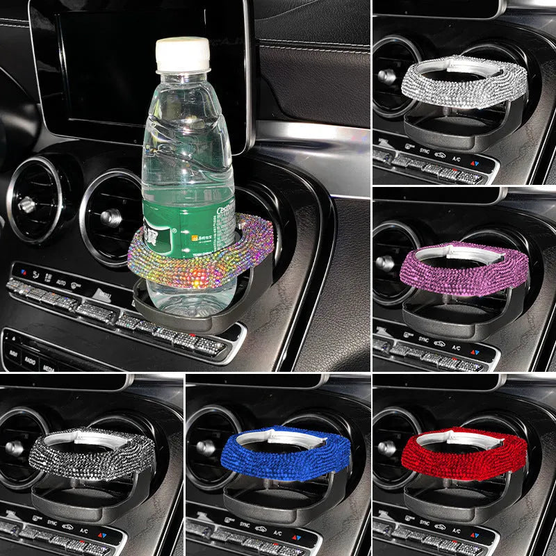 White diamond-encrusted ABS plastic car cup holder bracket mounted on a car air vent.