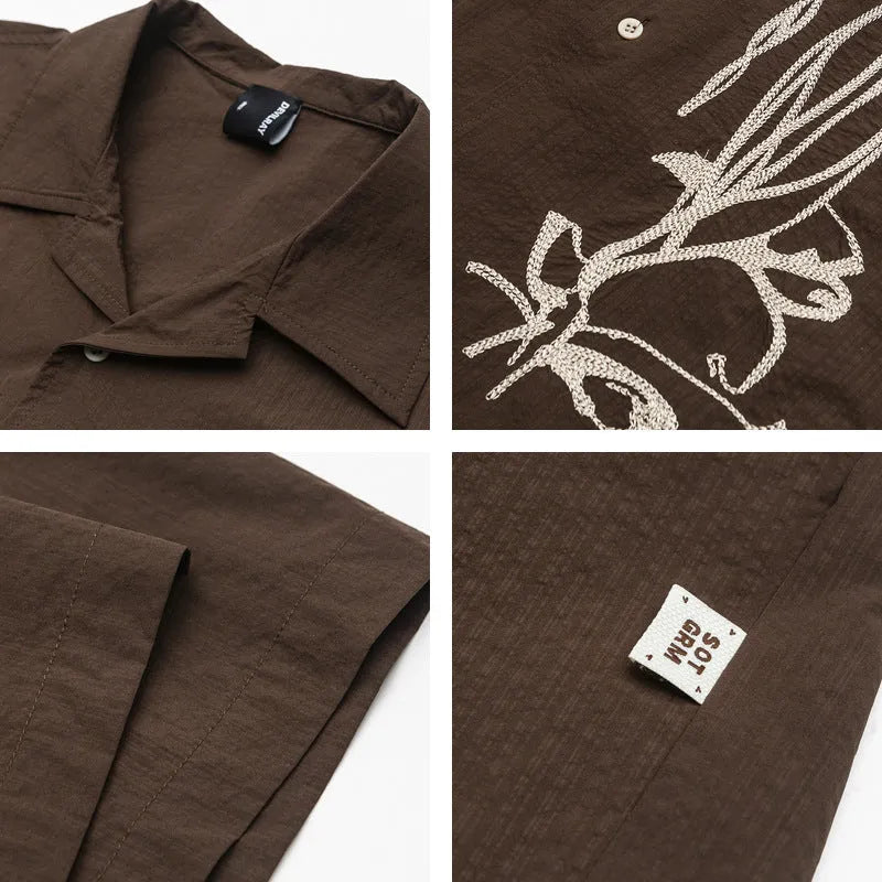 Brown striped waterproof quick-drying Cuban collar short sleeve outdoor shirt