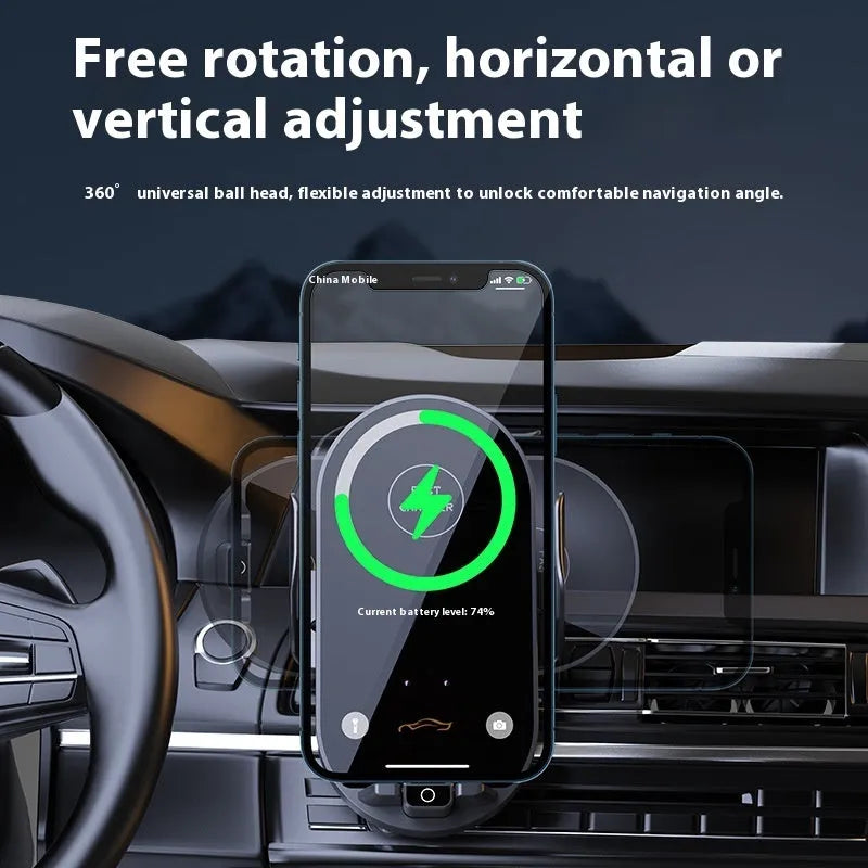 66W fast charging wireless car phone holder with electroplated finish, black, mounted on air vent with hook