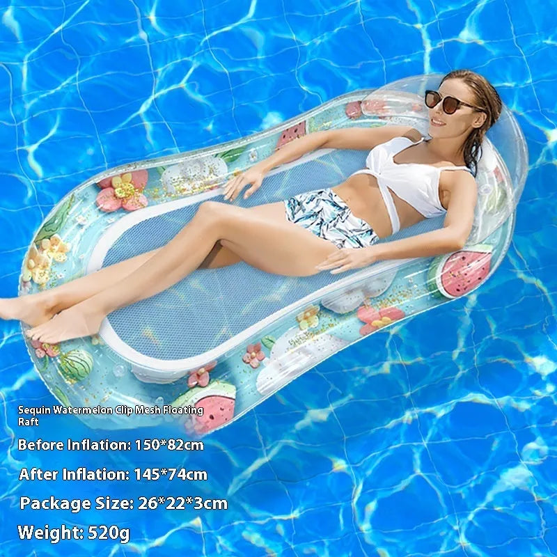 PVC inflatable floating row pool lounge in gradient sequin blue-purple wave design with canopy