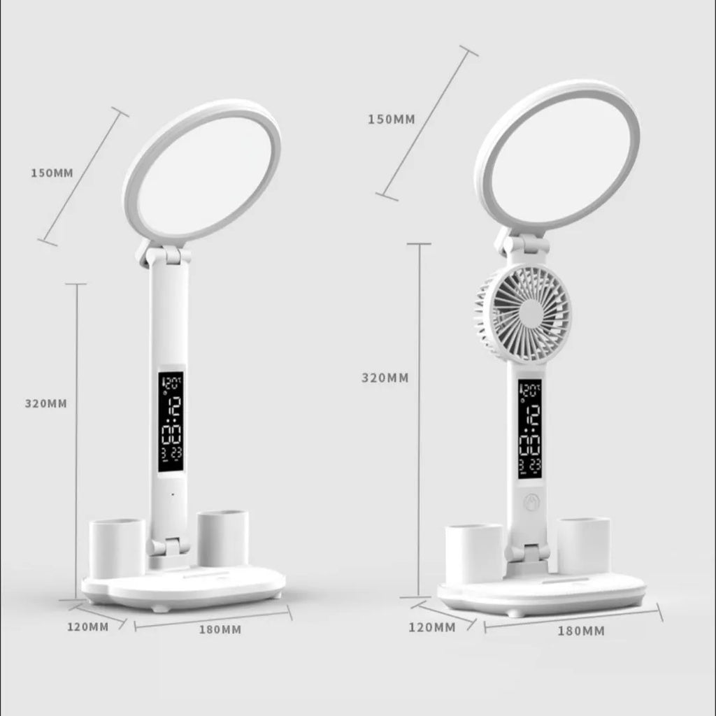 LED clock table lamp with foldable design, fan, and USB rechargeable battery on a desk