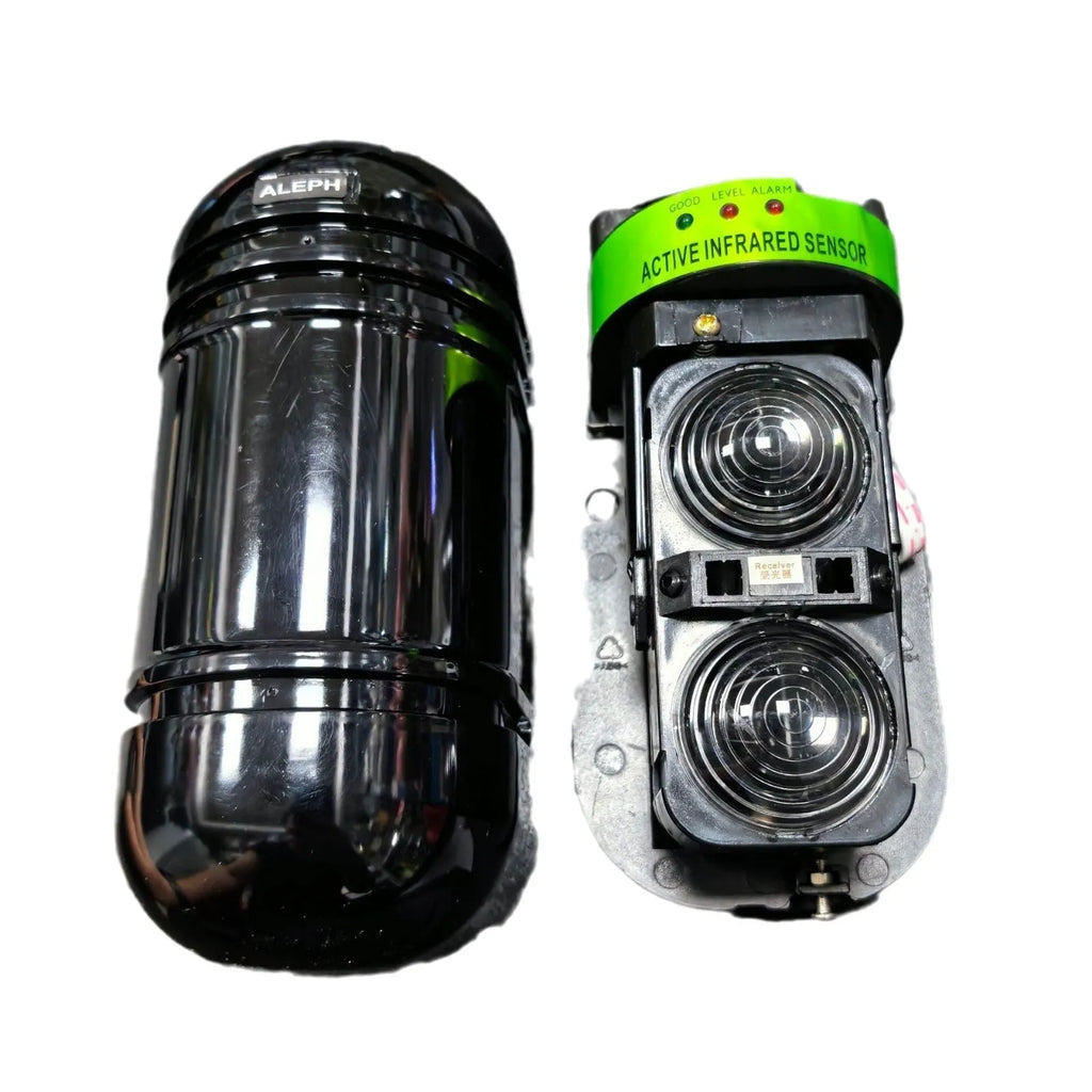 A pair of black wired infrared security detectors for 150-metre perimeter alarm systems.