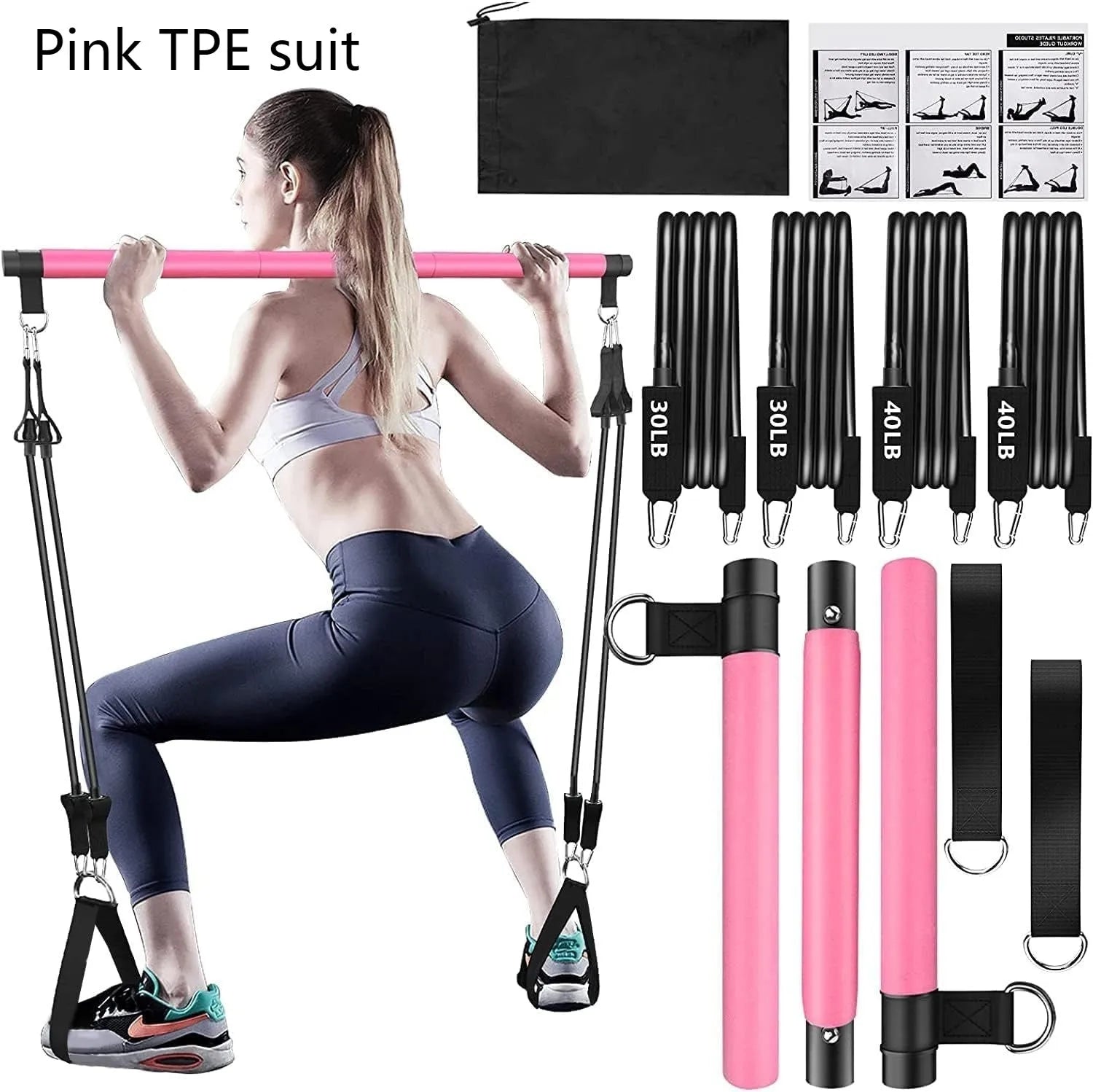Pilates bar suit with multifunction resistance band pulling rope for yoga fitness home workout
