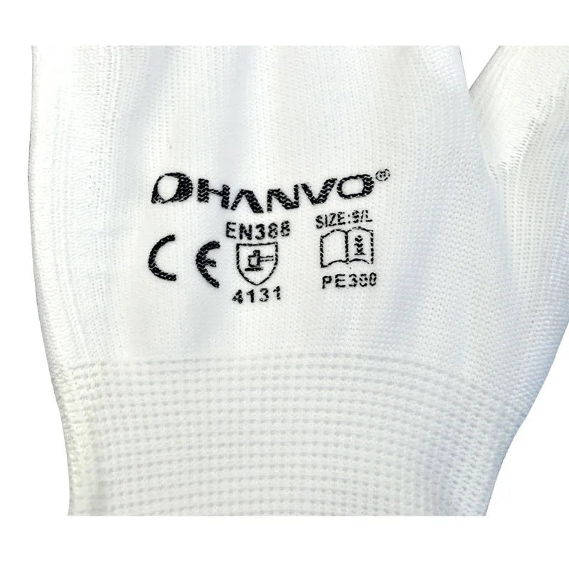 White PU coated labour gloves showing textured palm and flexible design, laid flat.