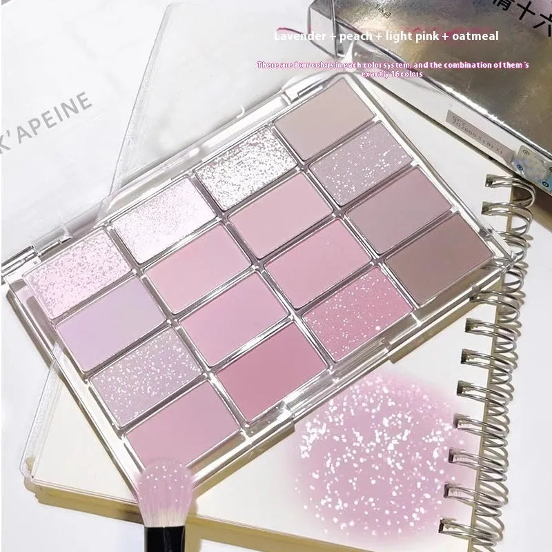 16 colours eye shadow plate with shimmer and matte finishes in multiple shades including pink and brown