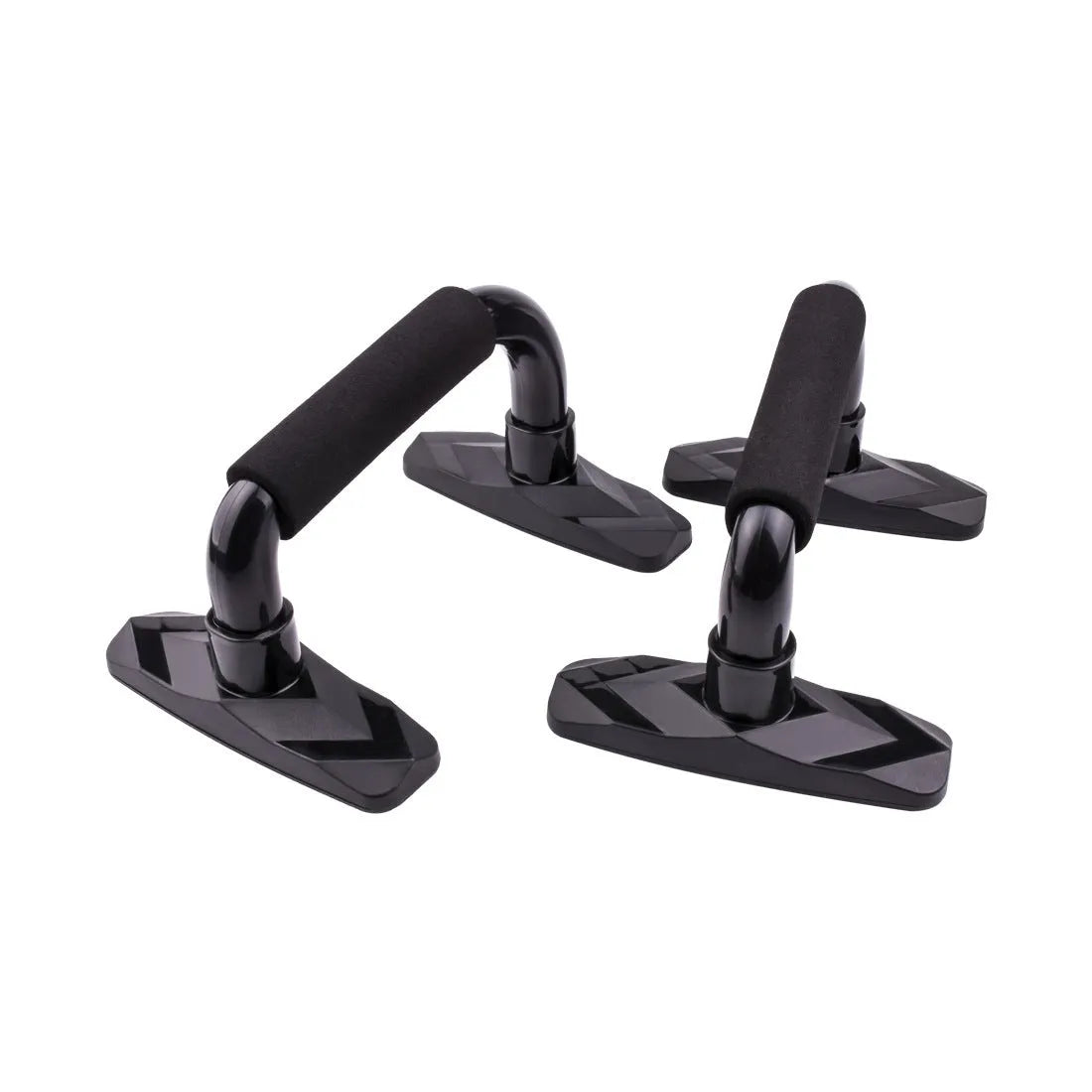 Pair of I-shaped push up bars with blue PP sponge handles on a floor.