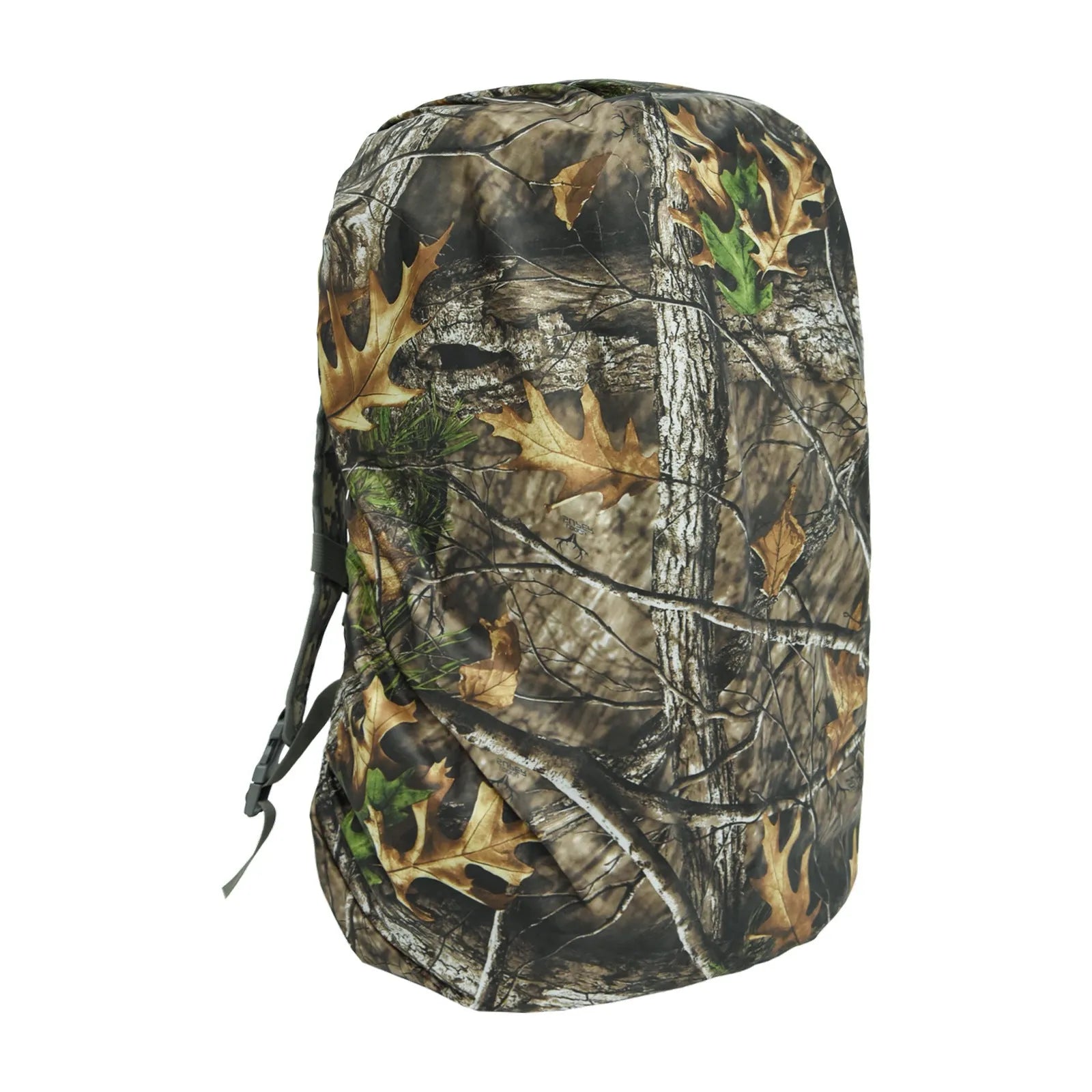 Army Green waterproof rain cover for an 80-litre outdoor backpack on a hiking trail.