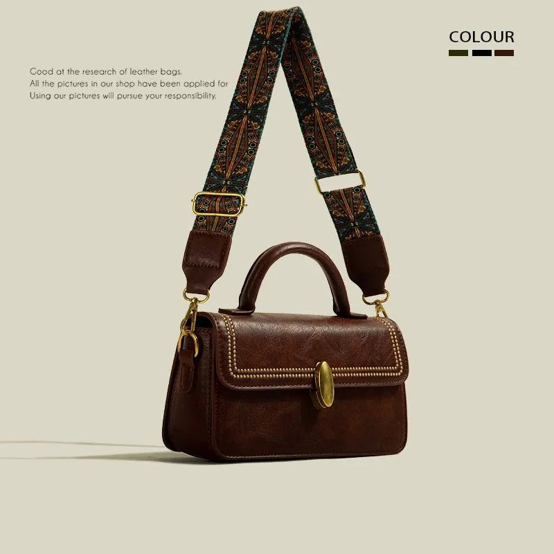 Brown retro textured PU leather messenger bag showing internal phone compartment and document pocket