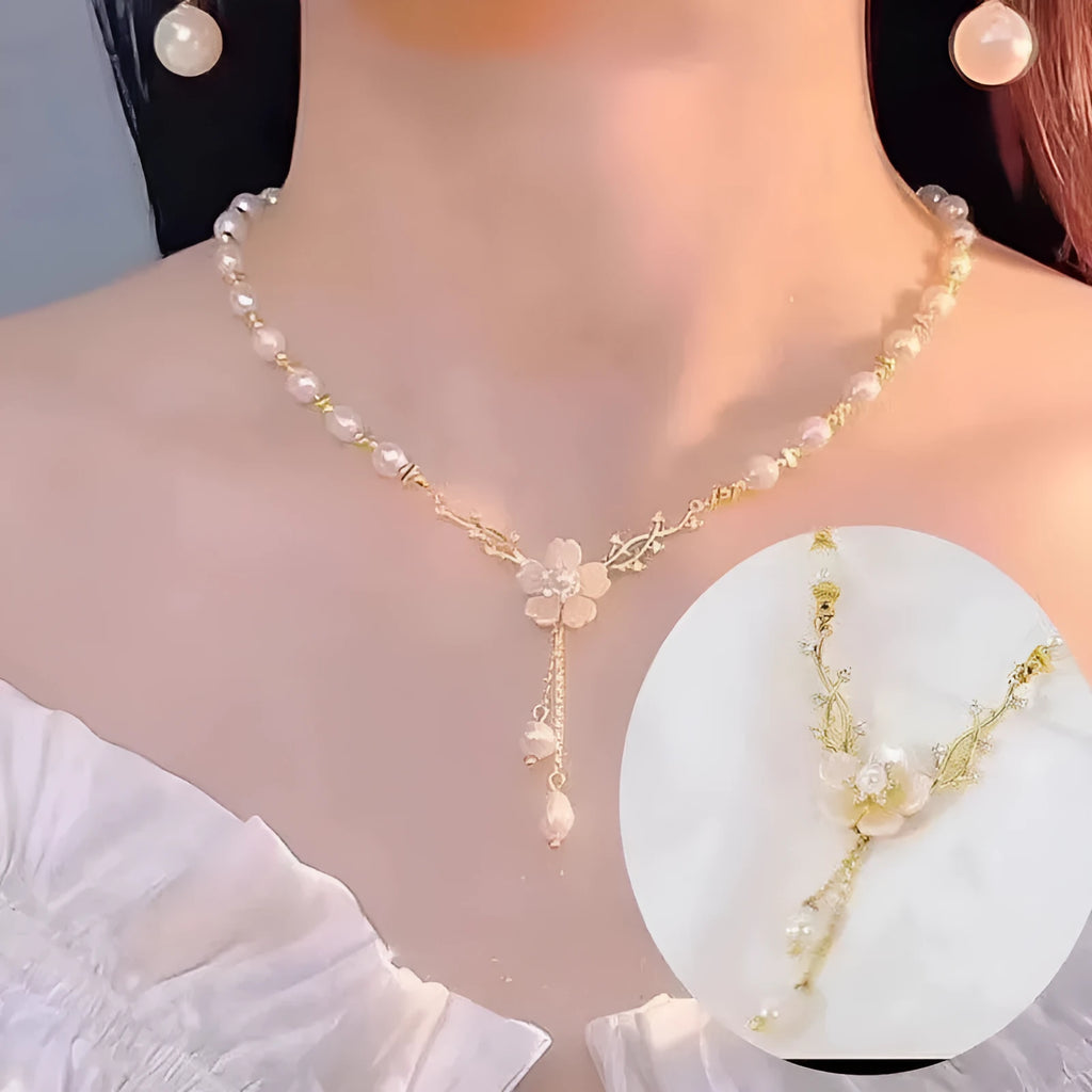 Alloy necklace with pearl flower pendant and floral design on pearl chain