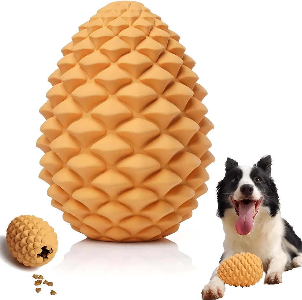 Yellow pine cone-shaped natural rubber dog toy with treat dispenser for medium and large dogs