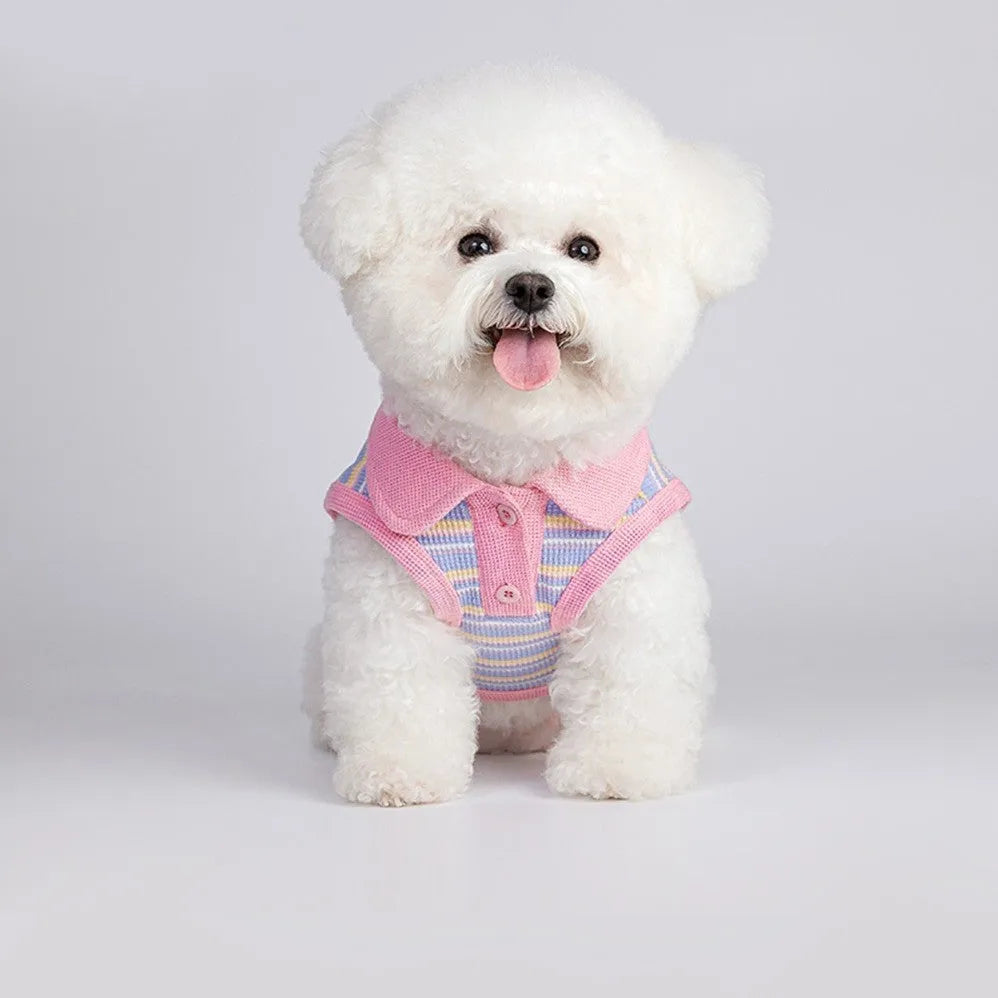 Pink purple dog autumn vest shown with size chart displaying weight ranges from 1.50kg to 11.50kg