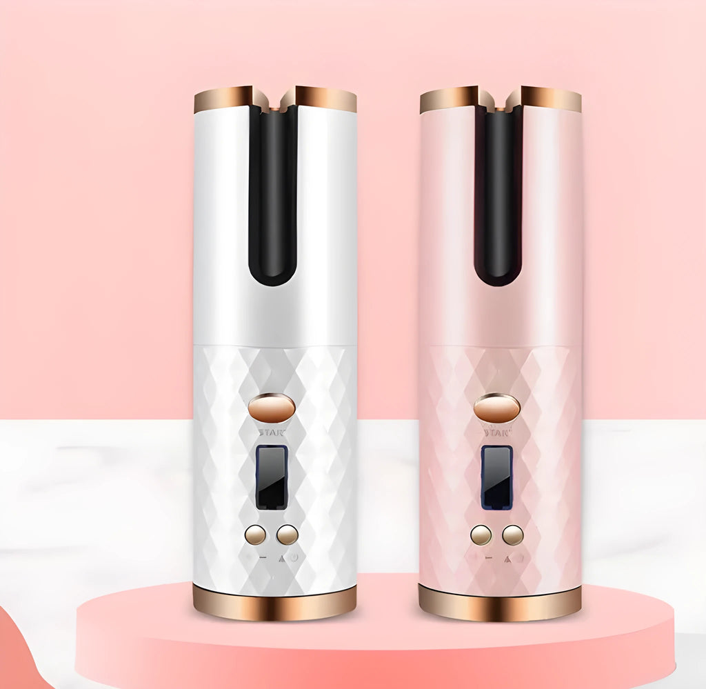 Portable wireless curling iron with USB charging port and gold ceramic barrel in pink colour