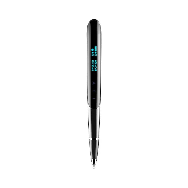 Black and silver lossless recording pen with OLED display screen on a zinc alloy pen-shaped body.
