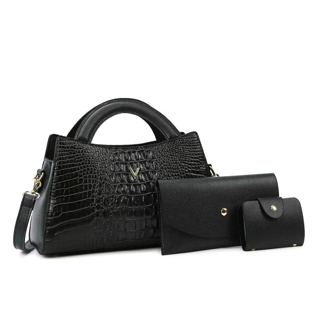 Women's crocodile pattern PU crossbody handbag showing interior compartments and colour options