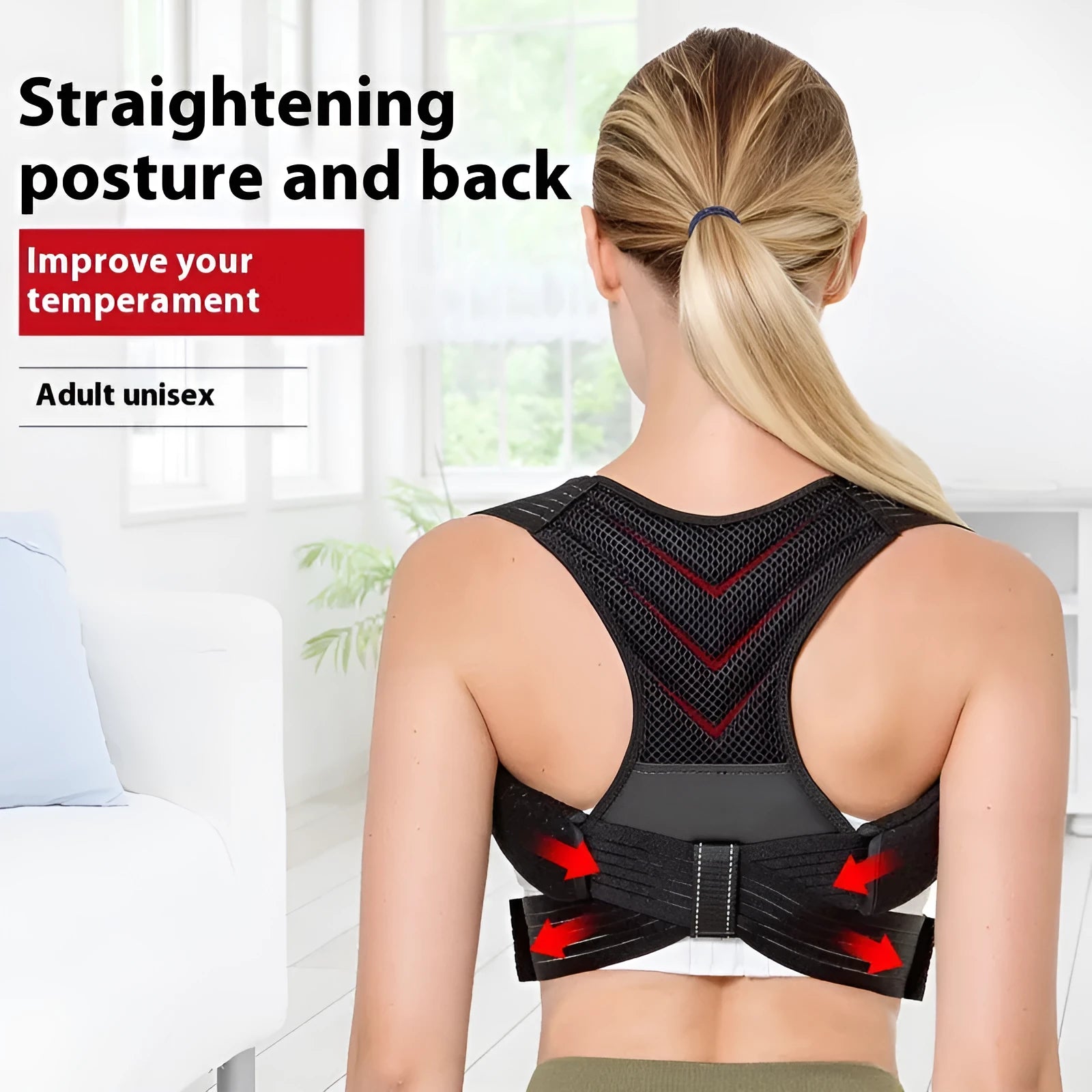 Black adjustable posture correction belt for back support and shoulder alignment