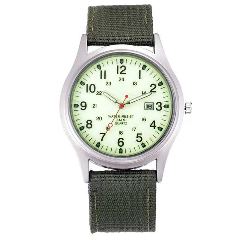 Men's military-style fabric band watch with calendar display and black face
