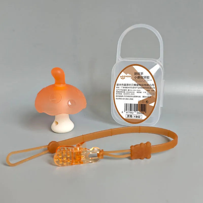 Small mushroom-shaped gum toy in pink or nano colour with transparent box and optional chain.