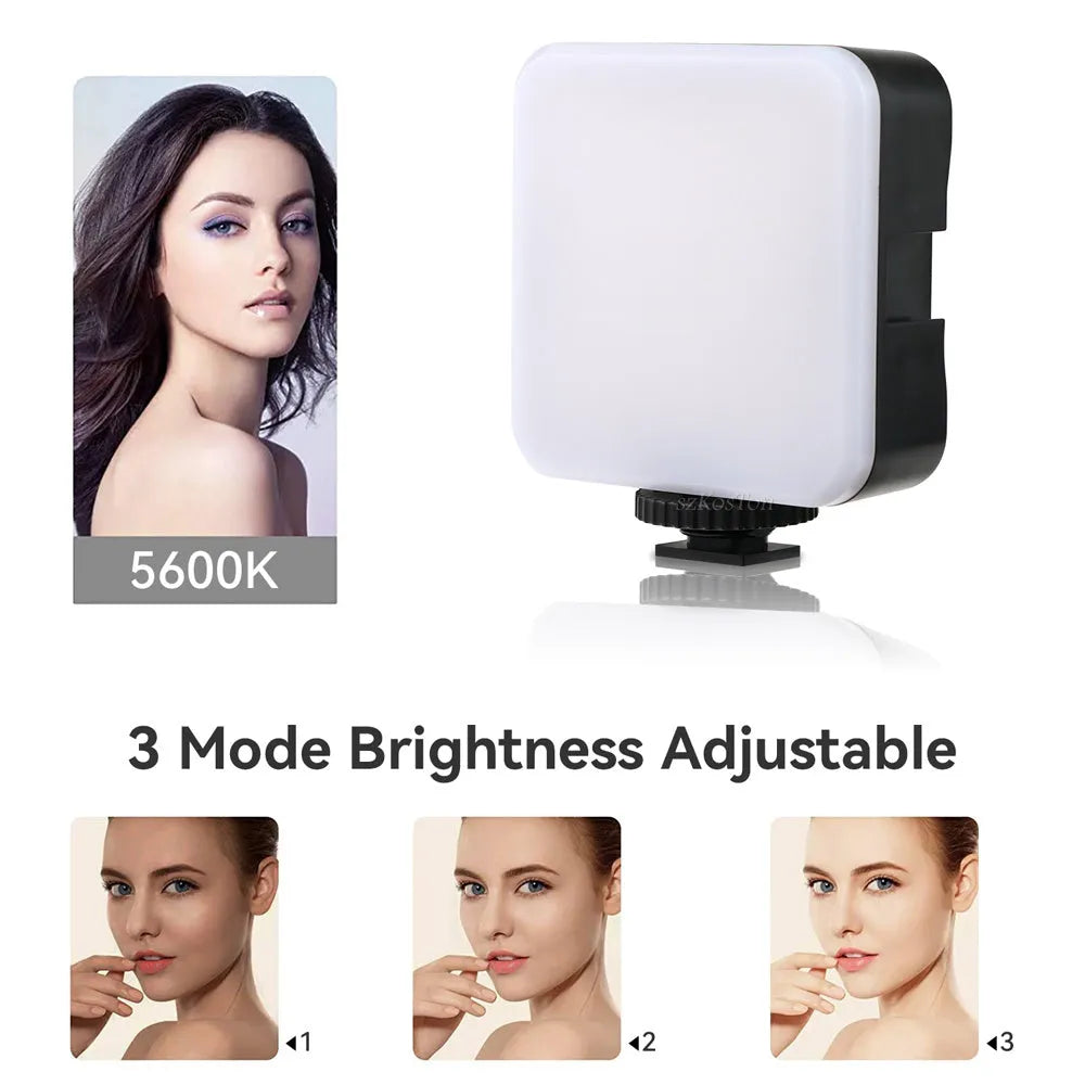 Compact square on-camera top flash unit with hot shoe mount and rotatable head.