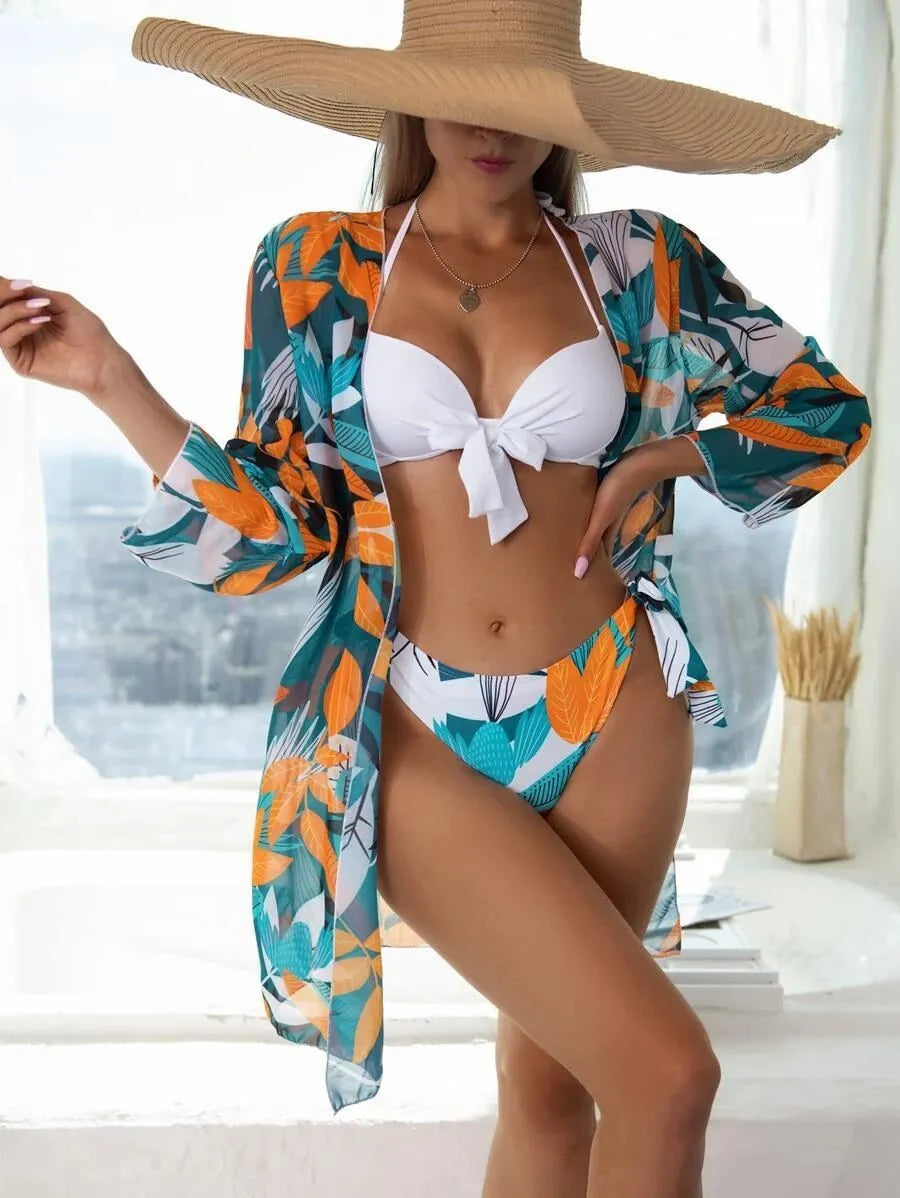 Women's three-piece bikini swimsuit with mesh split design in quick-dry polyester fabric