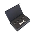 Bluetooth 5.0 tyre pressure monitoring system with four black external sensors, a wrench, and anti-theft screws.