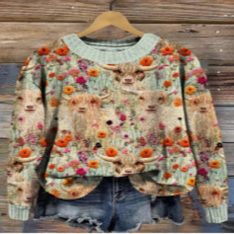 Little flower digital printed round neck sweater showing floral pattern on polyester fabric.