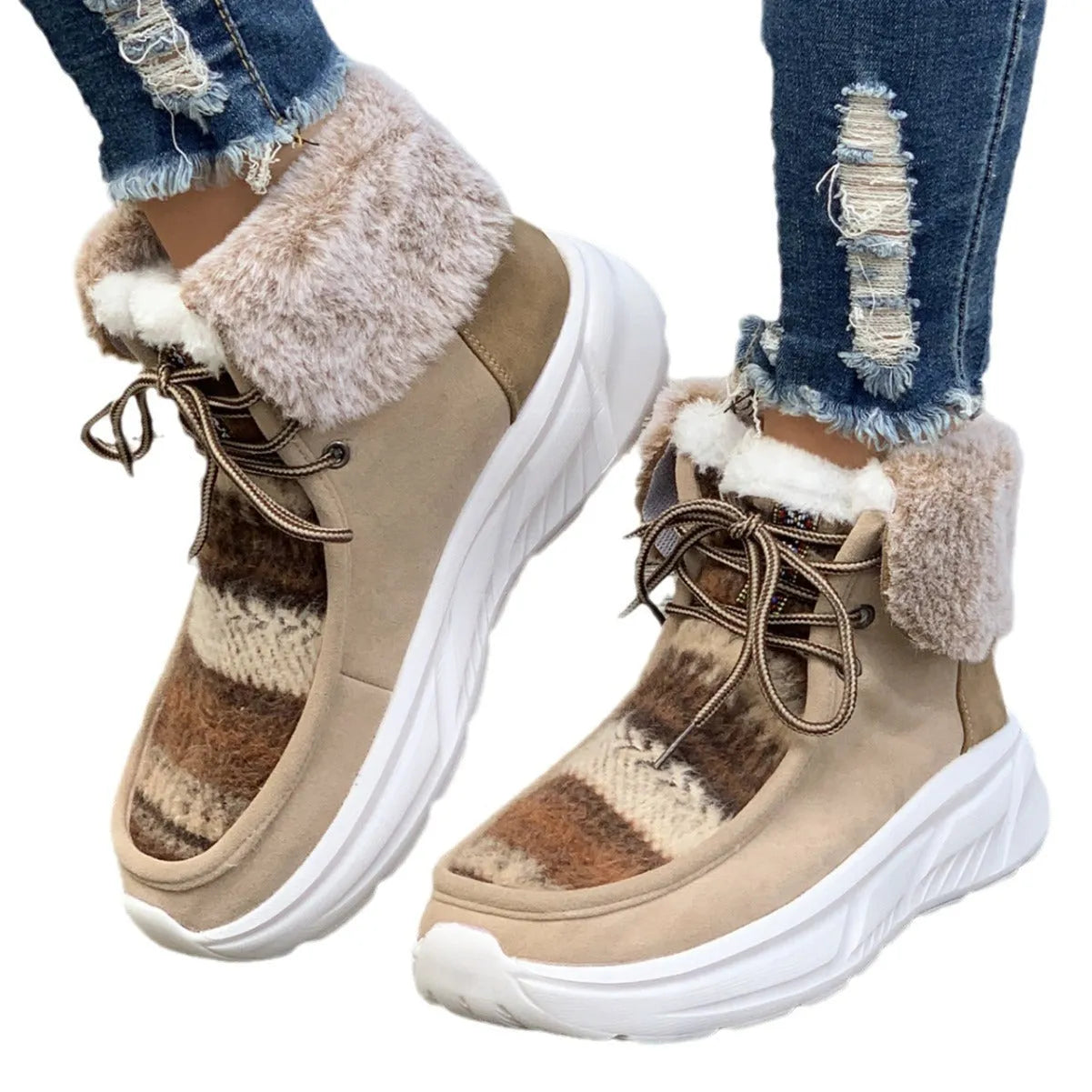 Women's beige lace-up snow boots with suede upper, thick rubber sole, and decorative stitching