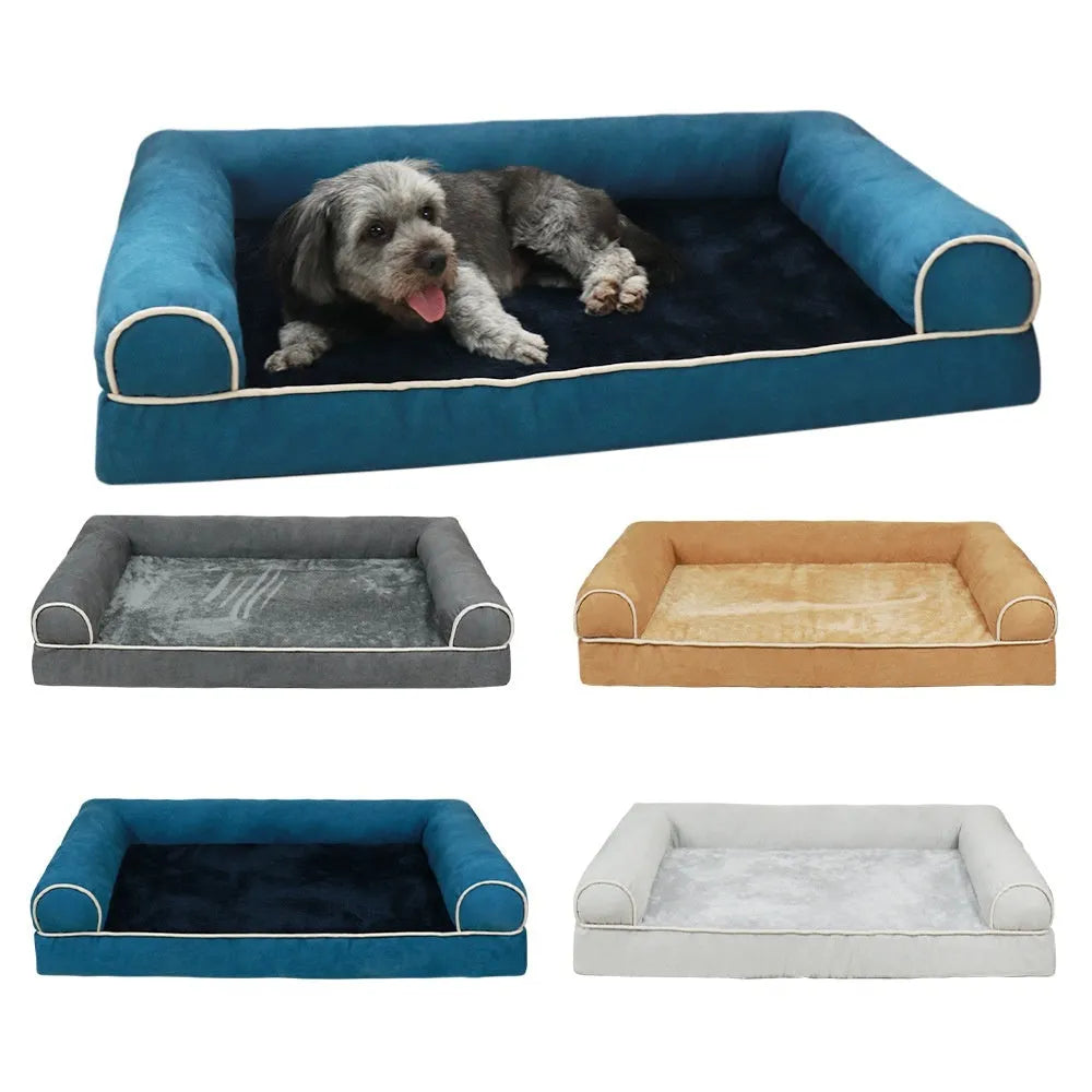 Square sponge dog bed with cloth cover in blue colour showing dimensions