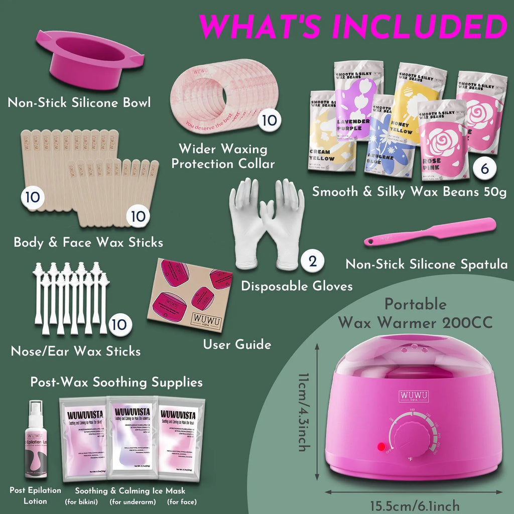 WUWUVISTA 56 piece professional waxing kit with wax warmer, coloured wax beads, applicators, and aftercare products